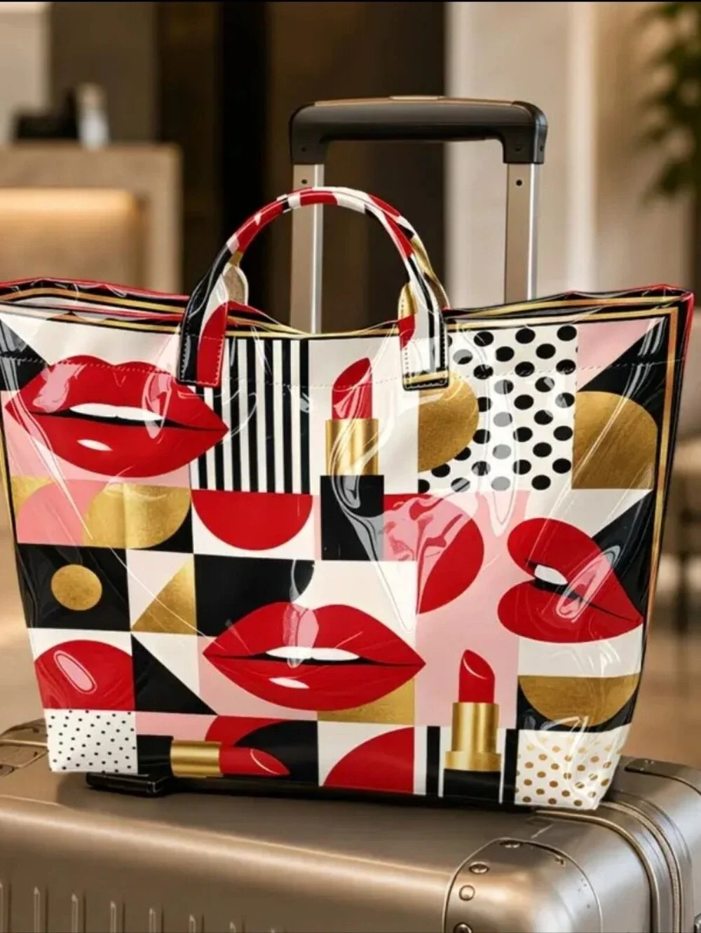 Women Retro Polka Dot Lipstick Print PVC Large Tote Bag